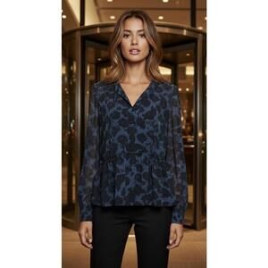 RACHEL Rachel Roy Women’s Printed Long-Sleeve Sheer Top In Blue/Black-Medium